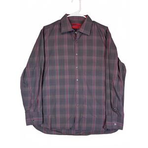 Alfani Fitted Striped Button Up Shirt Gray Red Mens Large Cotton Blend